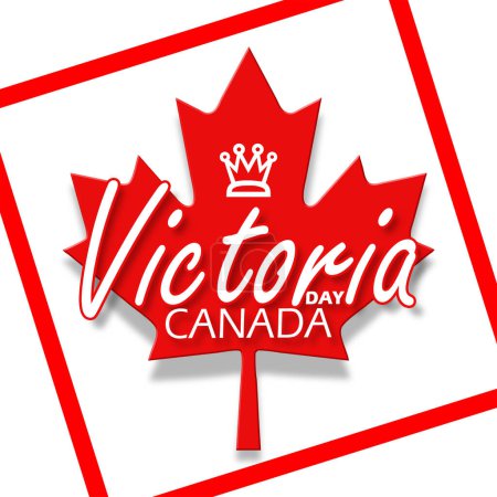 Ilustración de Banner del evento del Día de Victoria. Hoja de arce rojo símbolo de la bandera canadiense con el icono de la corona de una reina en marco sobre fondo blanco para conmemorar en mayo en Canadá - Imagen libre de derechos