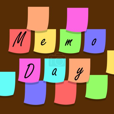 National Memo Day event banner. Colorful memo paper stuck to the brown wall to celebrate on May 