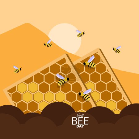 World Bee Day event banner. Two boards as a beehive with bees around the mountains to celebrate on May 20th