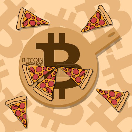 Bannière événement Bitcoin Pizza Day. Une casserole avec symbole Bitcoin et tranches de pizza sur fond brun clair 22 mai.