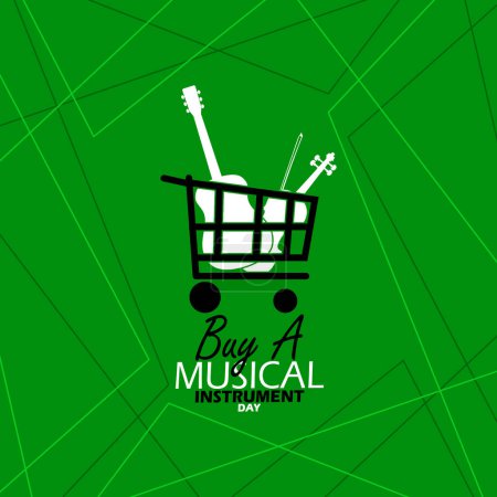 Acheter Une bannière d'événement de la Journée des instruments de musique. Un caddie avec guitare et violon sur fond vert pour fêter le 22 mai