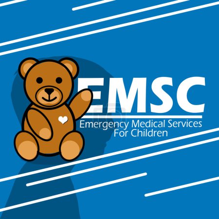 Emergency Medical Services for Children Day (EMSC) event banner. A teddy bear with bold text and the silhouette of a child on a light blue background to commemorate on May