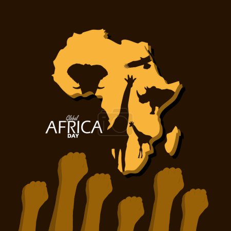 Global Africa Day event banner. Map of Africa with its wild animals and several fists raised upwards for the people's steadfastness, to commemorate on May 25th
