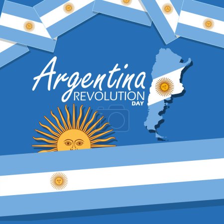 Veranstaltungsbanner zum Tag der argentinischen Revolution. Argentinien-Landkarte und Flagge mit Schleife auf türkisfarbenem Hintergrund zur Feier am 25. Mai