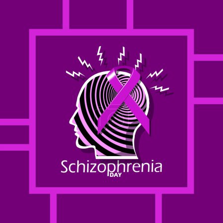 Illustration for World Schizophrenia Day event banner. Illustration of a head with changing emotions and a ribbon in a frame on a dark purple background to commemorate May 24th - Royalty Free Image