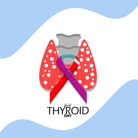 Veranstaltungsbanner zum Welttag der Schilddrüse. Illustration der Luftröhre und Schilddrüse mit einem dreifarbigen Kampagnenband auf weißem Hintergrund zum Gedenken am 25. Mai