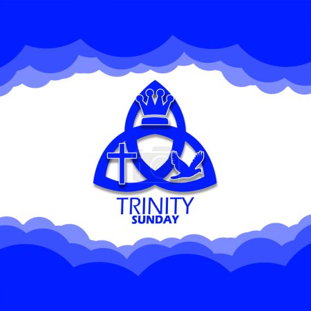Banner del evento Trinity Sunday. Un símbolo de la corona de un rey, una cruz y un pájaro sobre fondo blanco para celebrar en mayo