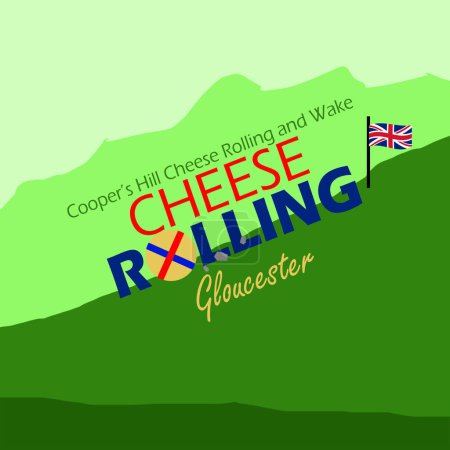 Cheese Rolling Gloucester event banner. Eine Runde Käse, die einen Hügel hinunter rollt, mit fettem Text und britischer Flagge zur Feier des Saisonsports am 27. Mai