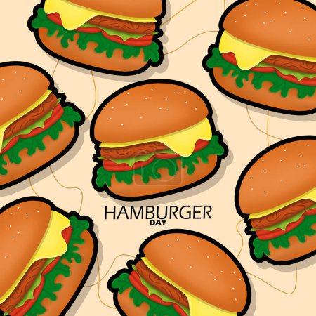 National Hamburger Day event banner. Illustration of several delicious food pictures of Hamburgers on light brown background to celebrate on May 28th