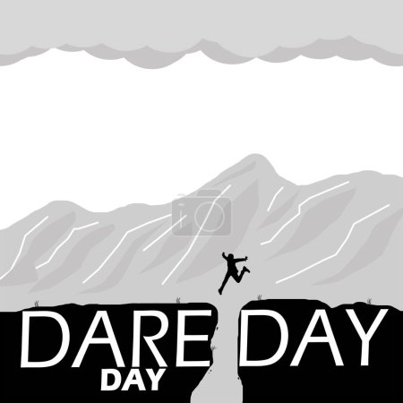Dare Day event banner. Illustration einer Person, die über eine Felsspalte in den Hügeln mit bergigem Hintergrund springt, um am 1. Juni zu feiern