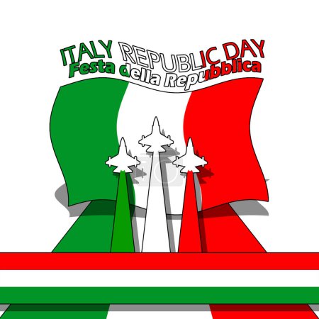 Illustration for Italy Republic Day event banner. Italian flag flying with air force aircraft and ribbon on white background to commemorate on June 2nd - Royalty Free Image