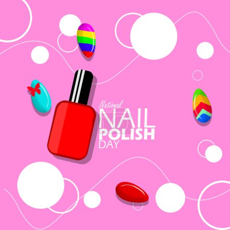 National Nail Polish Day event banner. A bottle of nail polish with various colored fake nails on a pink background to celebrate on June 1st