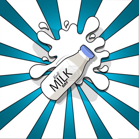 Banner del Día Mundial de la Leche. Una botella de leche con derrames para celebrar el 1 de junio