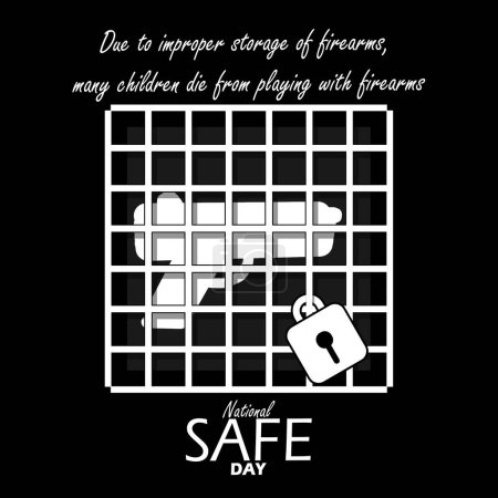 National SAFE Day event banner. Illustration of a firearm in a net iron cage with a padlock on black background to commemorate on June 4th