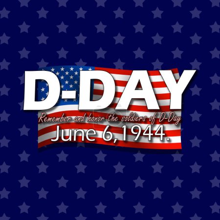 Ilustración de Banner del Día D. Texto audaz con una bandera estadounidense ondeando sobre fondo azul oscuro para conmemorar el 6 de junio - Imagen libre de derechos