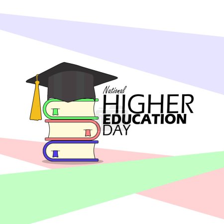 Banner del Día Nacional de la Educación Superior. Un sombrero de toga en un montón de libros gruesos sobre fondo blanco para celebrar el 6 de junio