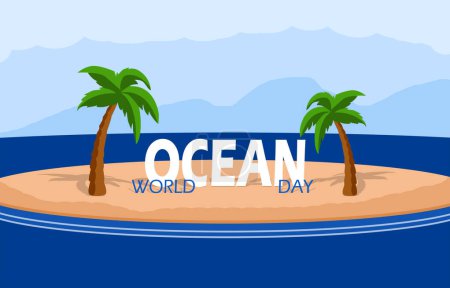 Banner del Día Mundial del Océano. Una pequeña isla con árboles en medio del océano para celebrar el 8 de junio