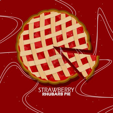 Bannière de l'événement National Strawberry Rhubarb Pie Day. Tarte aux fraises sur fond rouge foncé pour célébrer le 9 juin