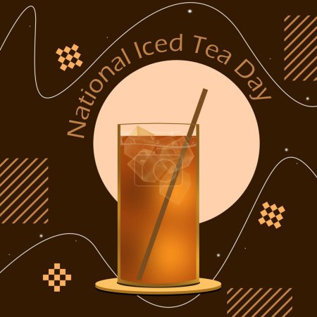 Banner nacional del día del té helado. Un vaso de té helado sobre fondo marrón oscuro para celebrar el 10 de junio