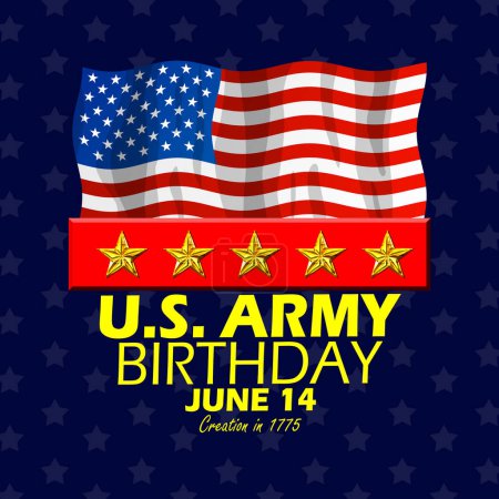 US Army Birthday event banner.  A flying American flag with five gold stars and bold text on dark blue background to commemorate on June 14th