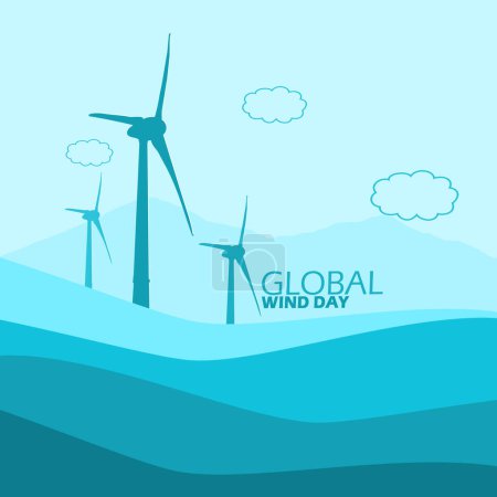 Veranstaltungs-Banner zum Global Wind Day. Windrad als Windkraft auf hellblauem Grund zum Feiern am 15. Juni