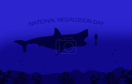 National Megalodon Day event banner. Illustration of a giant megalodon shark with a diver in the dark ocean to celebrate on June 15th