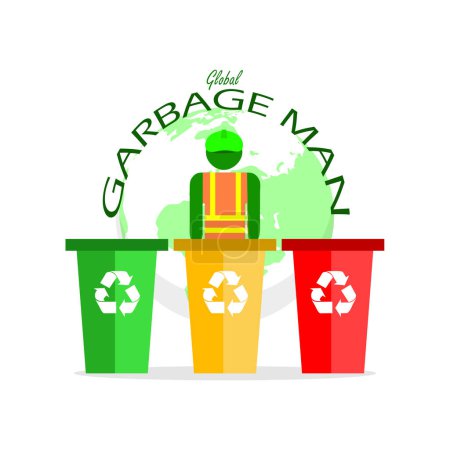 Global Garbage Man Day event banner. Green, yellow and red trash cans and a garbage man on white background to celebrate on June 17