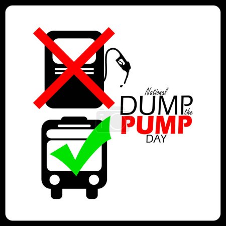 Illustration for National Dump the Pump Day event banner. Gas station icon with a red cross and bus icon with a green check mark on white background to celebrate on June 17th - Royalty Free Image