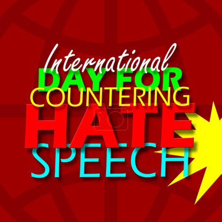 International Day for Countering Hate Speech event banner. Bold text message with elements on dark red background to commemorate on June 18th
