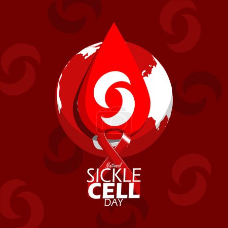 World Sickle Cell Day event banner. A drop of blood with sickle cell, red ribbon and earth on dark red background to commemorate on June 19th