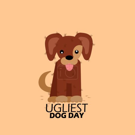 Banner del evento del Día del Perro más feo. Un lindo perro peludo en su piel sobre fondo marrón claro para celebrar el 20 de junio