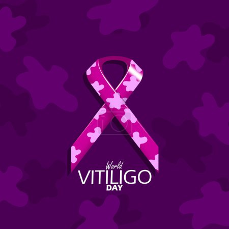 Téléchargez les illustrations : Journée mondiale du vitiligo bannière événement. Ruban de campagne violet avec des taches sur un fond violet foncé pour commémorer le 25 juin - en licence libre de droit