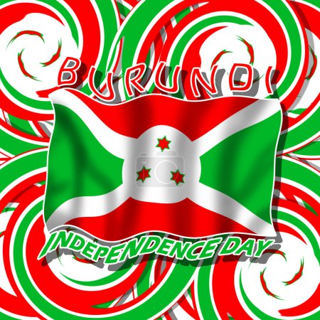 Banner del Día de la Independencia de Burundi. Bandera burundesa ondeando sobre fondo abstracto remolino para celebrar el 1 de julio