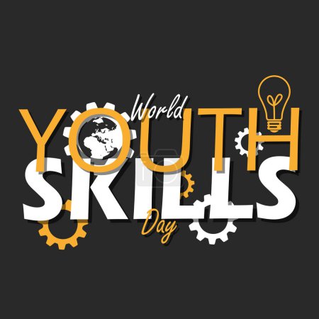 World Youth Skills Day event banner. Bold text with gear icon and light bulb on black background to celebrate on July 15th