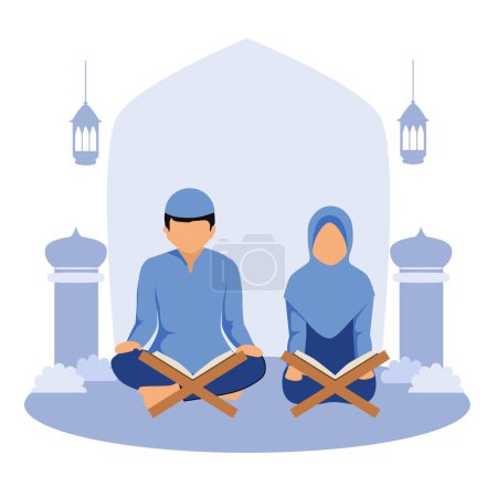 Ilustración de Pareja musulmana con mezquita, ilustración vectorial - Imagen libre de derechos
