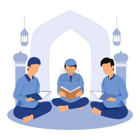 Illustration for Muslim men with books in mosque - Royalty Free Image