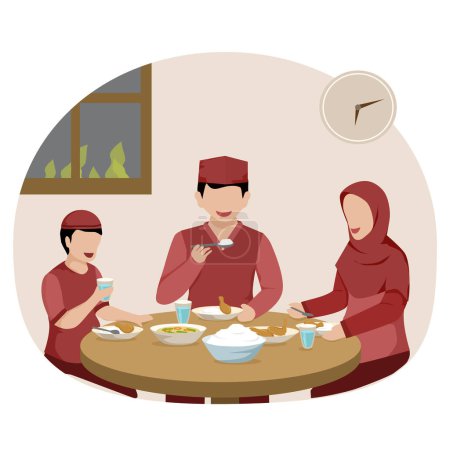 Téléchargez les illustrations : Famille musulmane manger ensemble. illustration vectorielle - en licence libre de droit