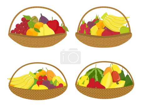Illustration for Set of fresh organic fruits in baskets on white background - Royalty Free Image