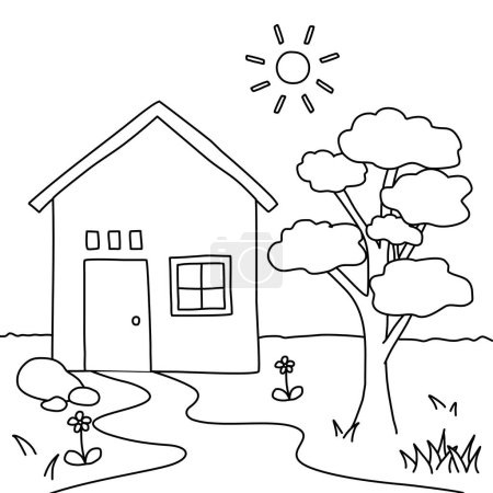 Illustration for Cartoon image of a house and garden. hand drawn illustration. - Royalty Free Image