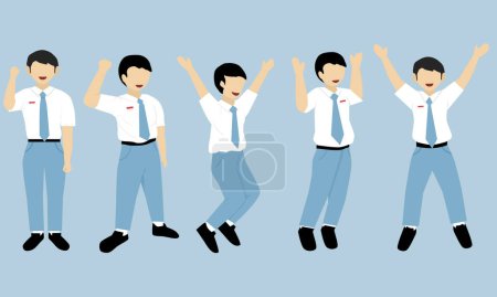 Téléchargez les illustrations : Heureux jeunes hommes avec les mains levées. indonesia lycéen caractère - en licence libre de droit