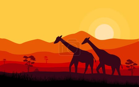 Téléchargez les illustrations : Savane africaine avec girafes au coucher du soleil - en licence libre de droit