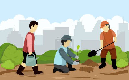 Téléchargez les illustrations : Illustration vectorielle de personnes plantant des plantes dans le jardin. - en licence libre de droit