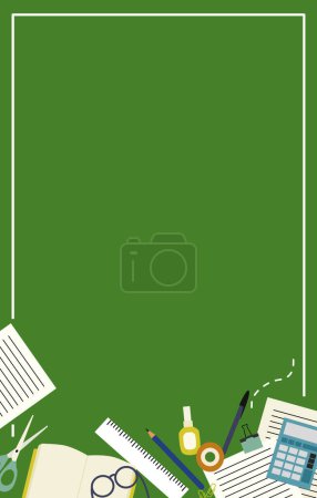 Illustration for Office supplies on green background. flat lay style. - Royalty Free Image