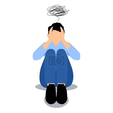 Ilustración de Hombre triste sentado con depresión, dolor de cabeza, estrés - Imagen libre de derechos