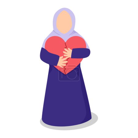 Ilustración de Mujer joven en vestido morado abraza el corazón roto - Imagen libre de derechos