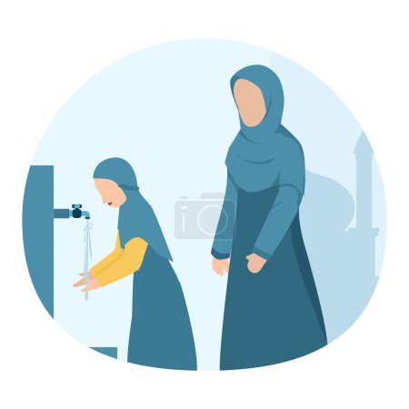 Téléchargez les illustrations : Femmes musulmanes effectuer ablution avant de prier - en licence libre de droit