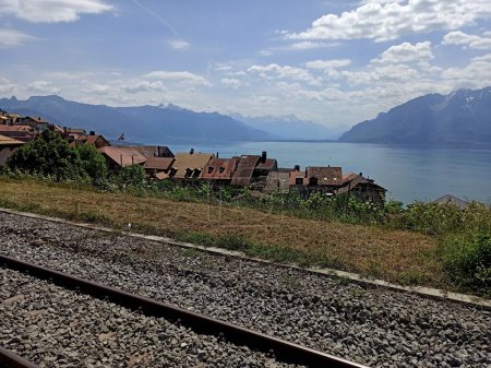Photo for The railroad in Lavaux in the vineyard, with geneva lake in the background - Royalty Free Image