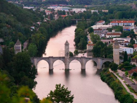 Photo for Valentre bridge with 3 towers in the evening light in Cahors, France - Royalty Free Image