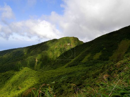 Vulkanische Berge mit üppiger Vegetation im Nationalpark Guadeloupe: chemin des dames zum Gipfel des Grand Soufriere