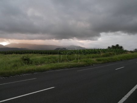 carretera vacía y campo tropical en basse terre, Guadalupe